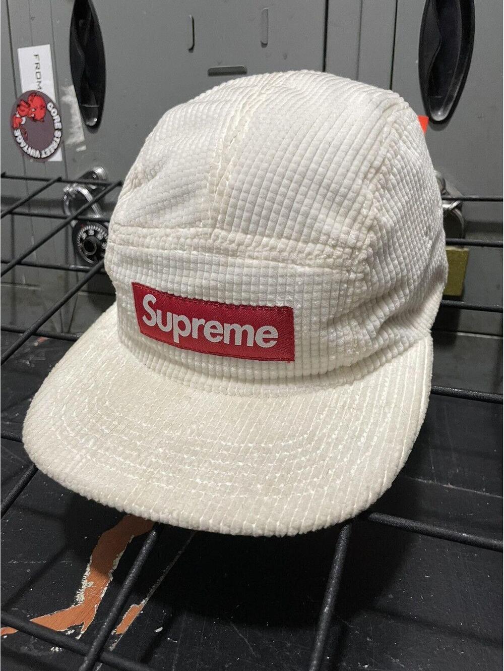Supreme corduroy box logo 5 panel leather strap hat as is